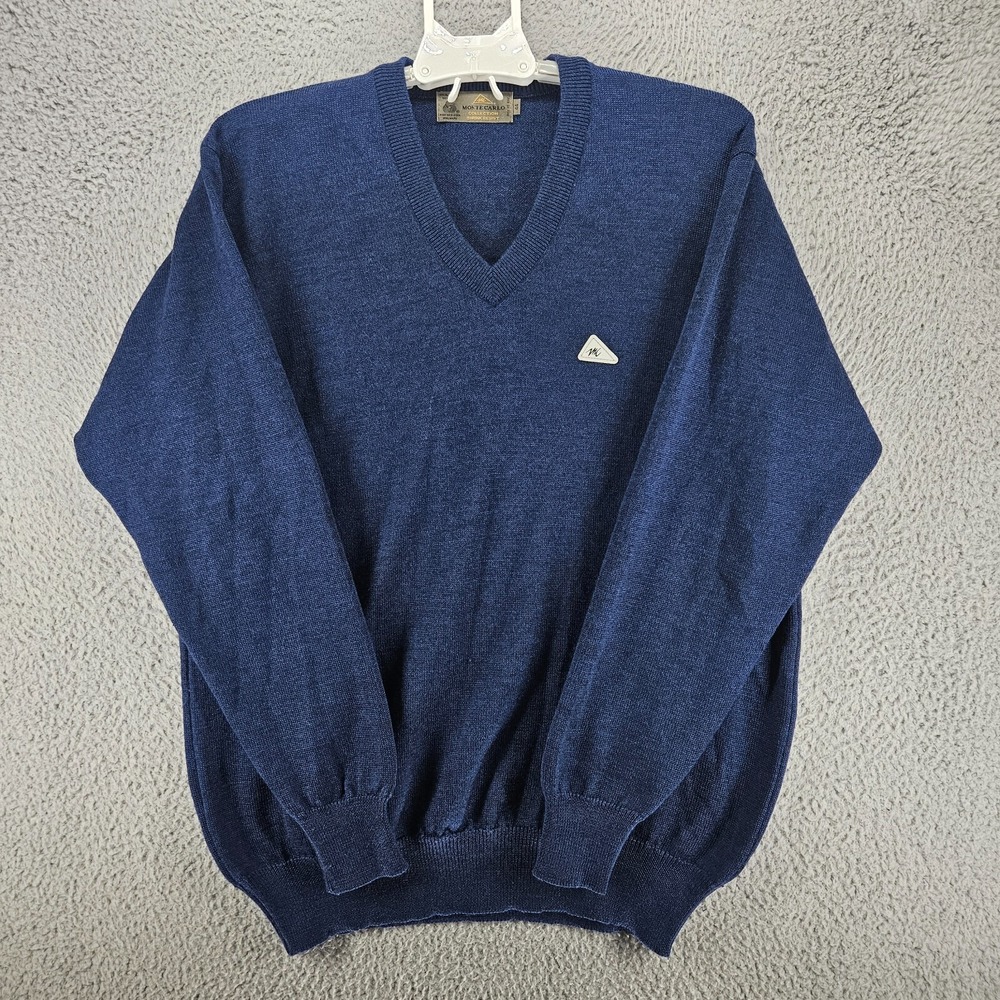 Monte Carlo Collection Men's V-Neck Shrink Resist 100% Wool Blue Sweater Size 44